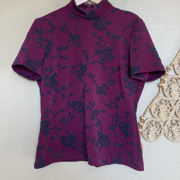 Vintage Chetta B. Evening Maroon Beaded Top, Mandarin Collar, Size Medium - Picture 7 of 9